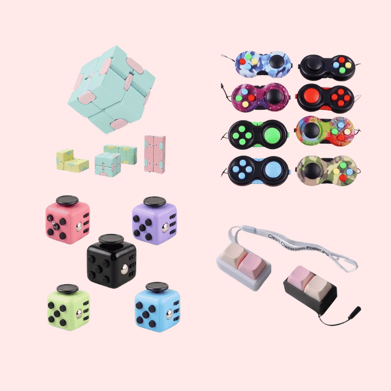 Assorted fidget toys — infinity cubes, pop-it keychains, and fidget cubes