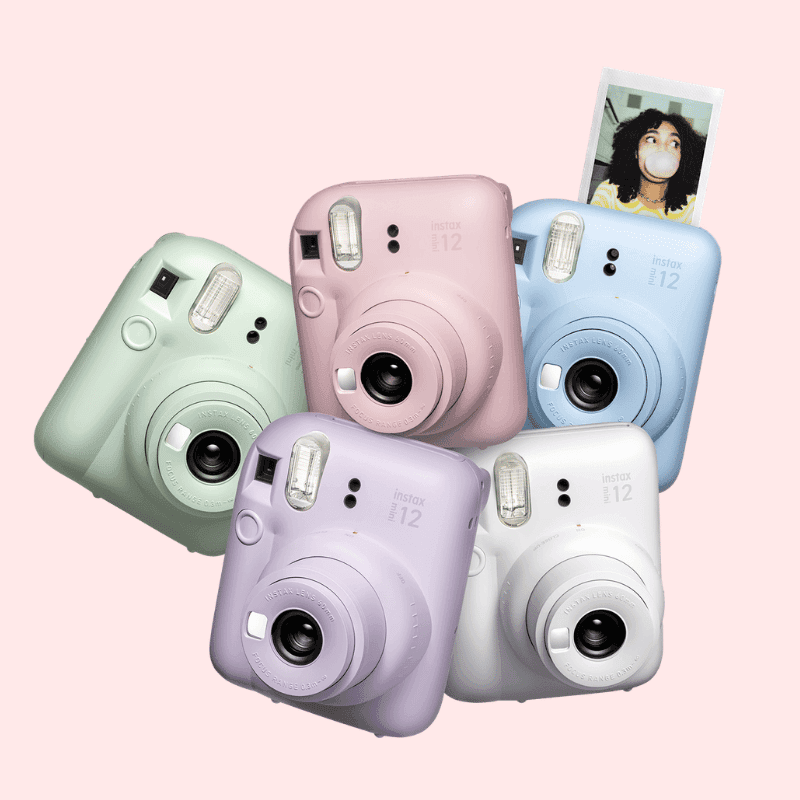 Fujifilm Instax Mini 12 instant camera, shown in five pastel colours