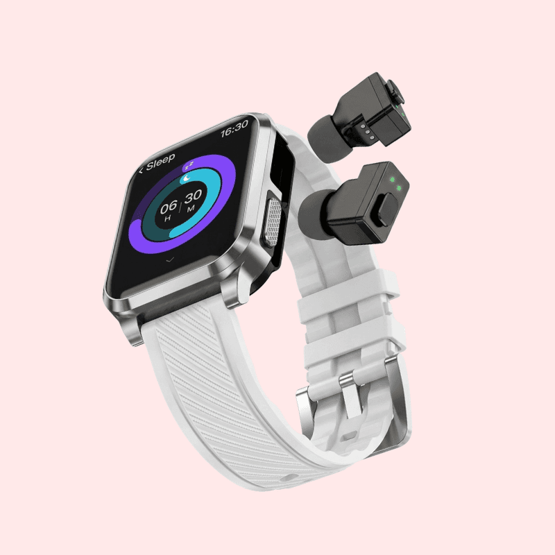 Smartwatch with a pair of wireless earbuds built into the strap