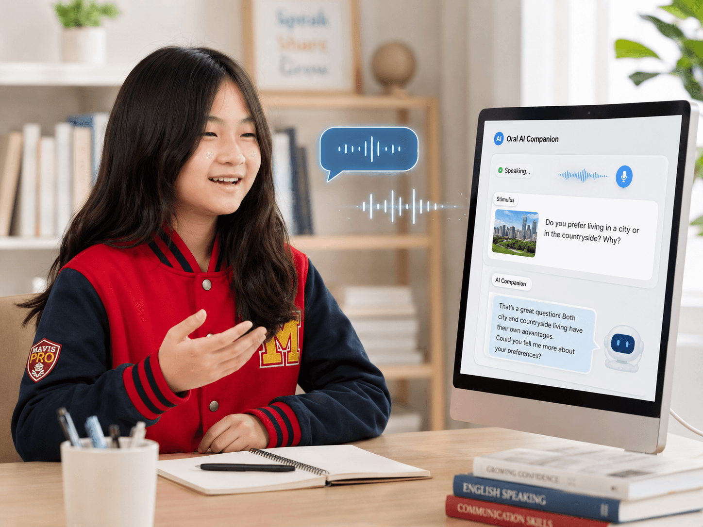 A student wearing a Mavis PRO jacket speaking aloud to the Oral AI Companion interface shown on screen