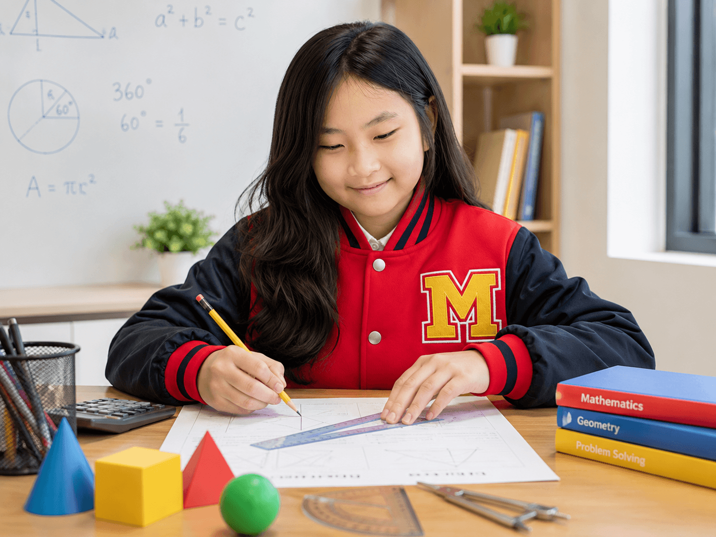 A Mavis student solving geometry problems at a desk with a maths whiteboard behind her